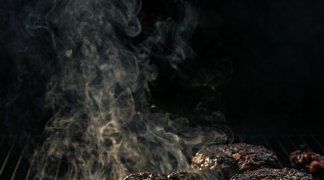 Grilled burger patties cooking on a dark grill grate with rising smoke against a black background.