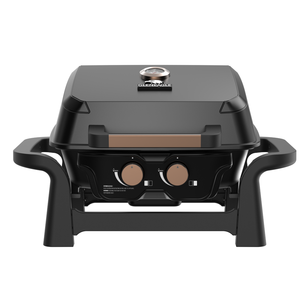 A black outdoor gas grill with a lid, two control knobs, and side handles, shown on transparent background. The brand name 'GLENEAGLE' is visible on the lid.
