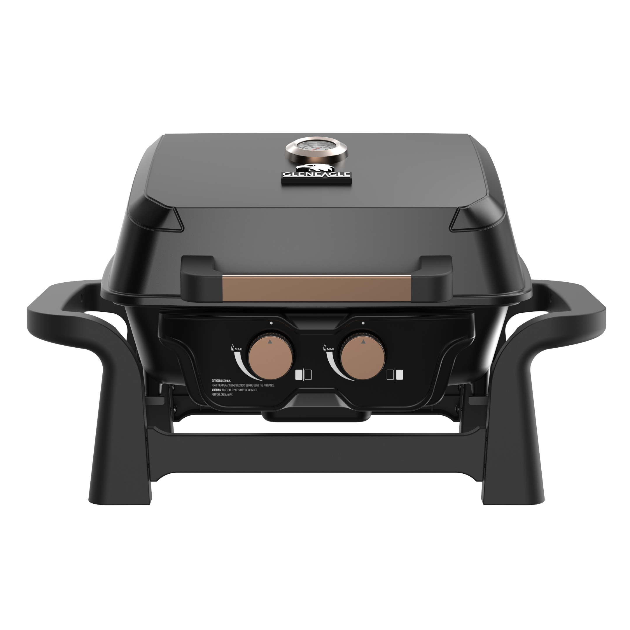 A black outdoor gas grill with a lid, two control knobs, and side handles, shown on transparent background. The brand name 'GLENEAGLE' is visible on the lid.