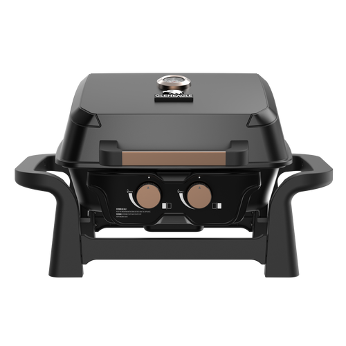 A black outdoor gas grill with a lid, two control knobs, and side handles, shown on transparent background. The brand name 'GLENEAGLE' is visible on the lid.