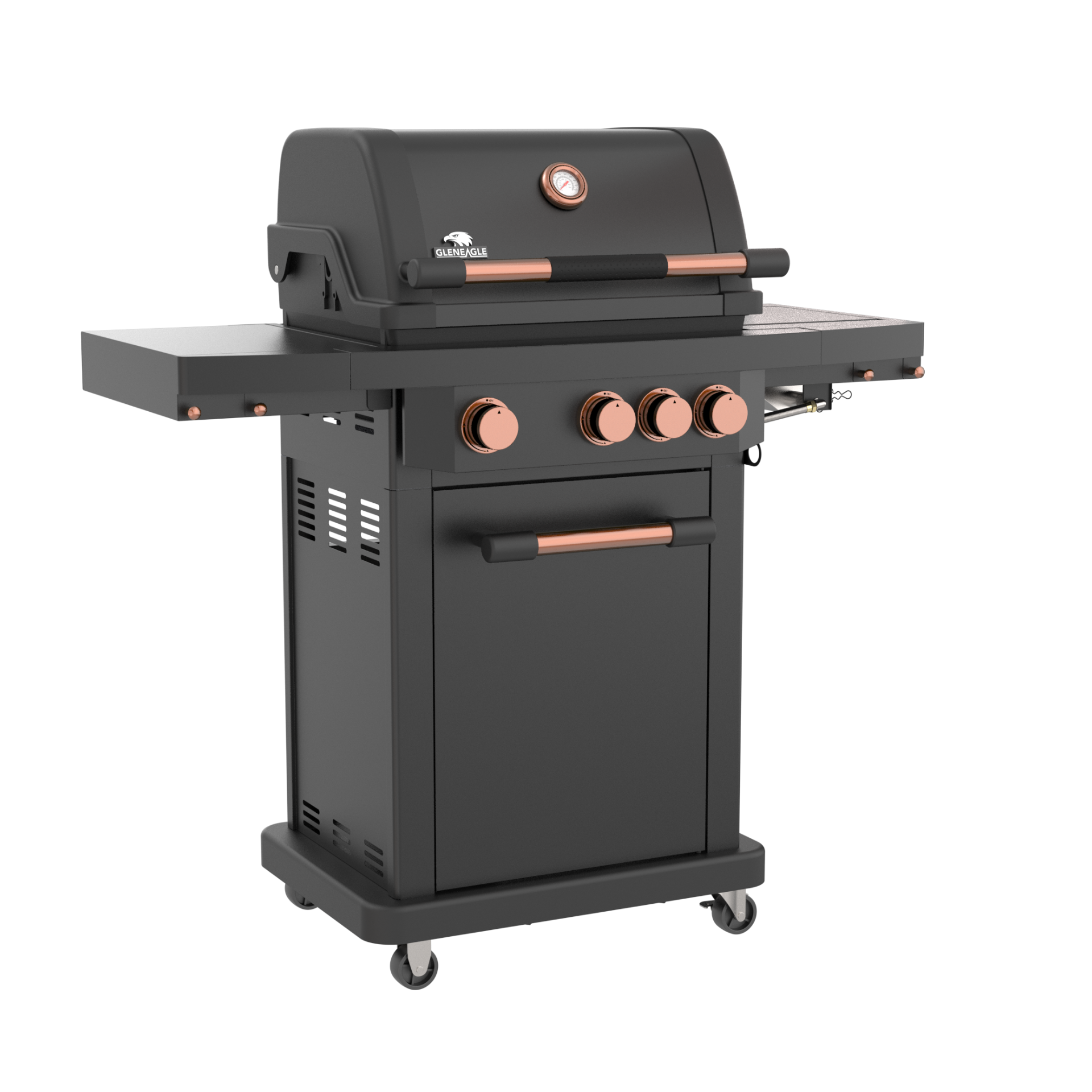 A black gas grill with copper-colored knobs and handles, featuring a side table on the left and a lower storage compartment with a front door, shown on a plain white background.