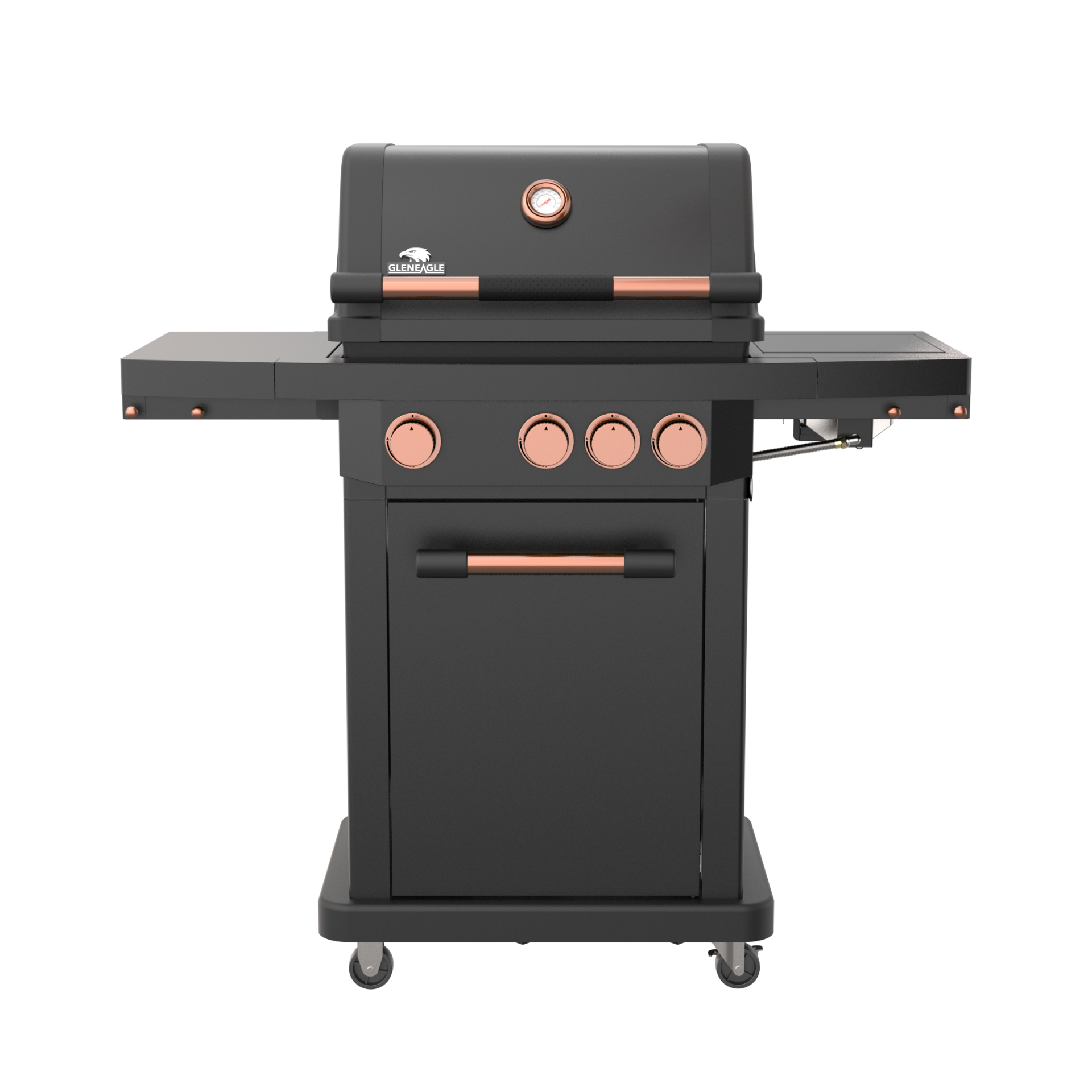 A black gas grill with copper accents and a side table, shown on a plain white background.